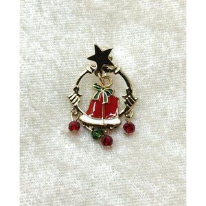 Vintage Red,Gold,Green Enamel Wreath Star and Bell Pin